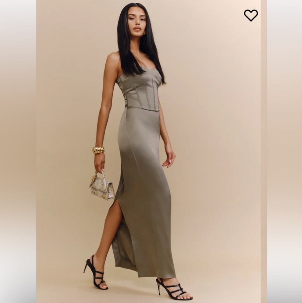 1B. NWOT REFORMATION ARIYAH SATIN DRESS IN TAUPE